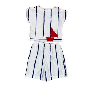 Vintage Florence Eiseman 2pc Shorts Set Girls 14 Blue Stripe Sailboat Nautical